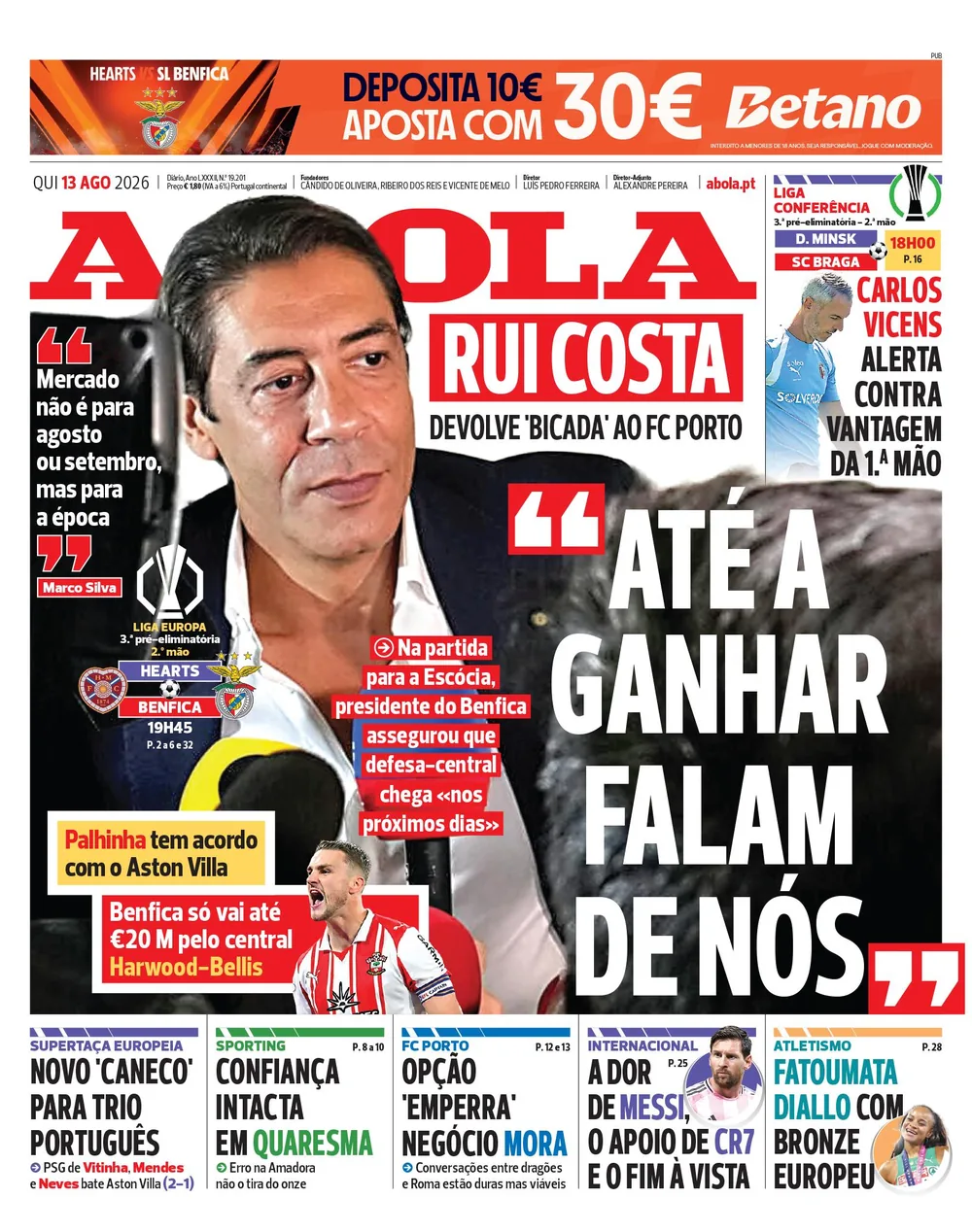 Capa do A Bola de quinta-feira, 13 de agosto de 2026