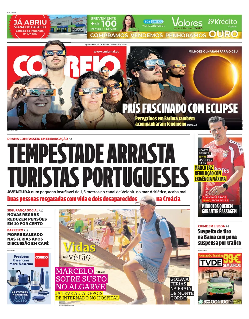 Capa do Correio da Manhã de quinta-feira, 13 de agosto de 2026