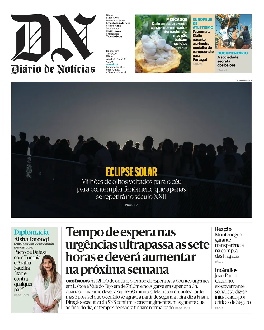 Capa do Diário de Notícias de quinta-feira, 13 de agosto de 2026