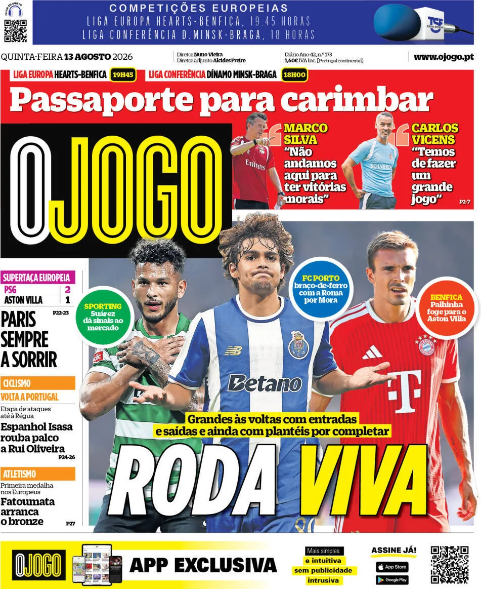 Capa do O Jogo de quinta-feira, 13 de agosto de 2026