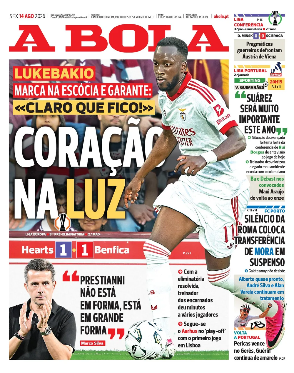 Capa do A Bola de sexta-feira, 14 de agosto de 2026