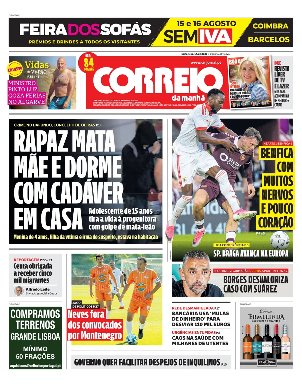 Capa do Correio da Manhã de sexta-feira, 14 de agosto de 2026