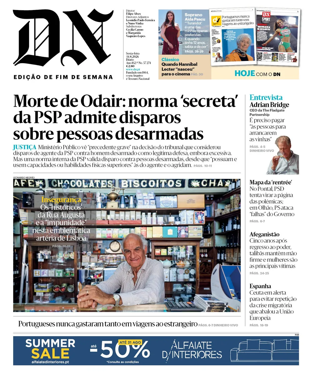 Capa do Diário de Notícias de sexta-feira, 14 de agosto de 2026