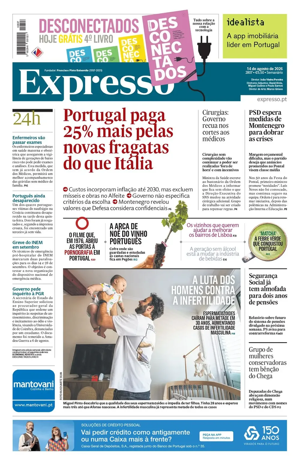 Capa do Expresso de sexta-feira, 14 de agosto de 2026