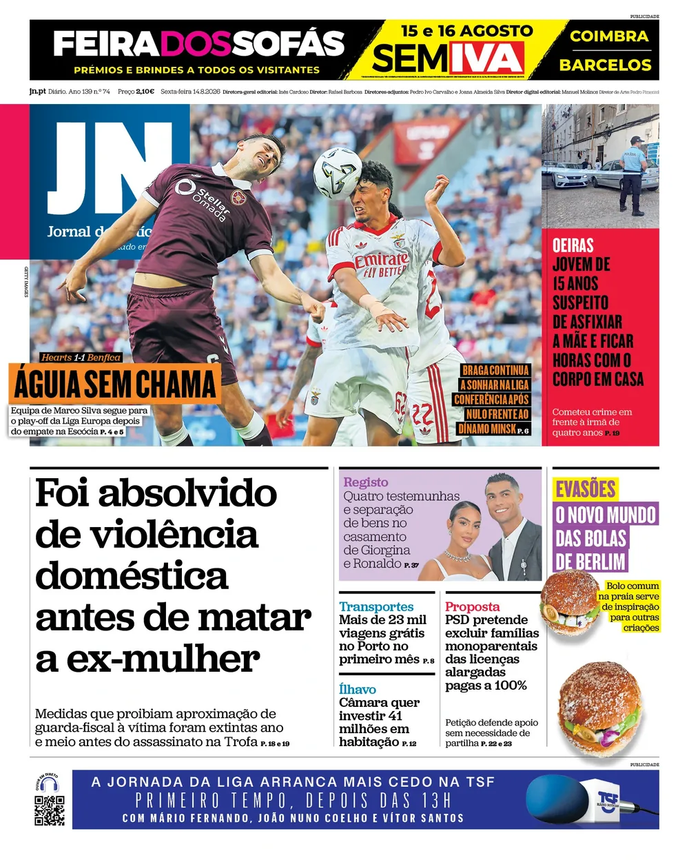 Capa do Jornal de Notícias de sexta-feira, 14 de agosto de 2026