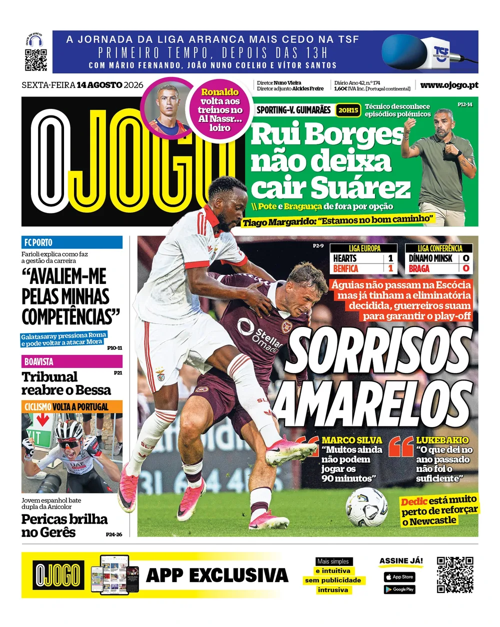 Capa do O Jogo de sexta-feira, 14 de agosto de 2026