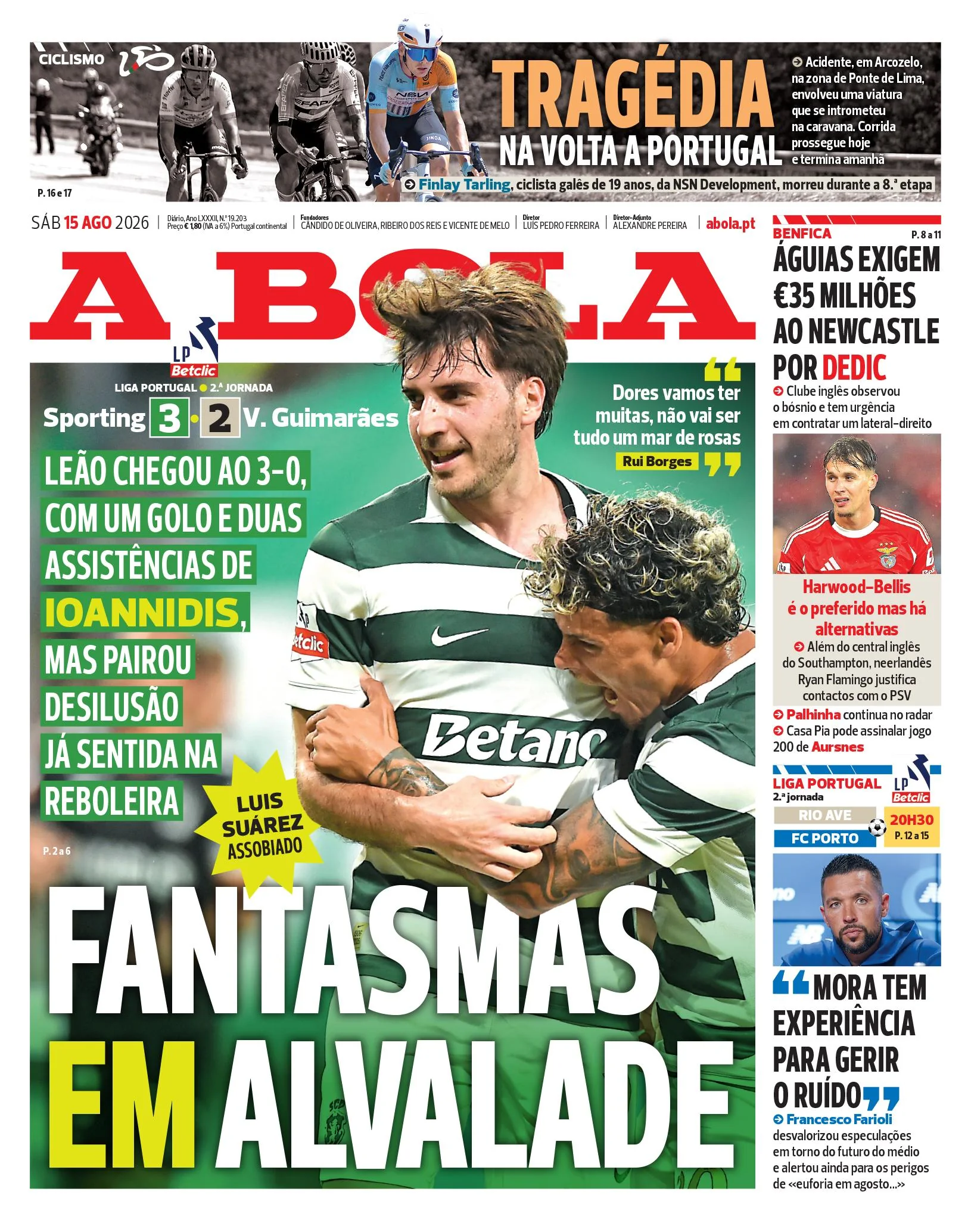 Capa do A Bola de sábado, 15 de agosto de 2026