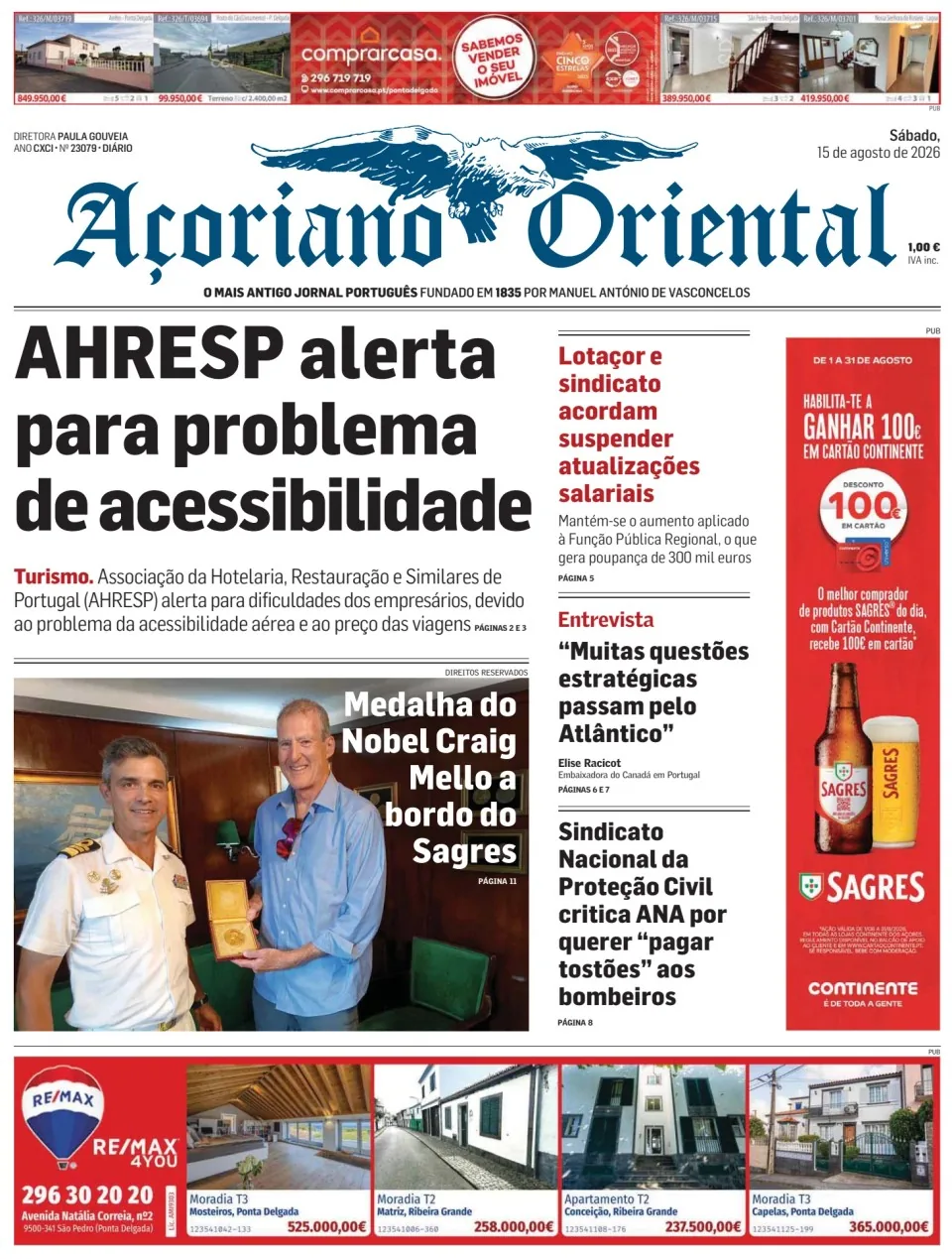 Capa do Açoriano Oriental de sábado, 15 de agosto de 2026