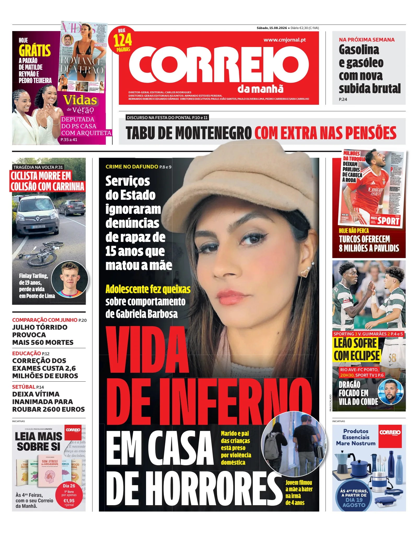 Capa do Correio da Manhã de sábado, 15 de agosto de 2026
