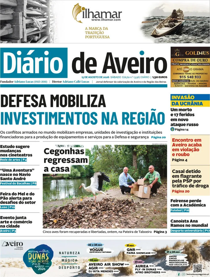 Capa do Diário de Aveiro de sábado, 15 de agosto de 2026