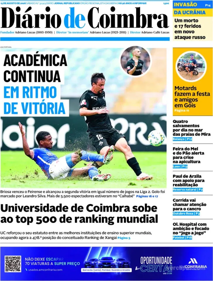 Capa do Diário de Coimbra de sábado, 15 de agosto de 2026