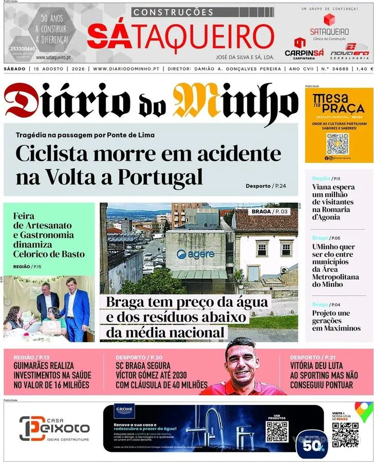 Capa do Diário do Minho de sábado, 15 de agosto de 2026