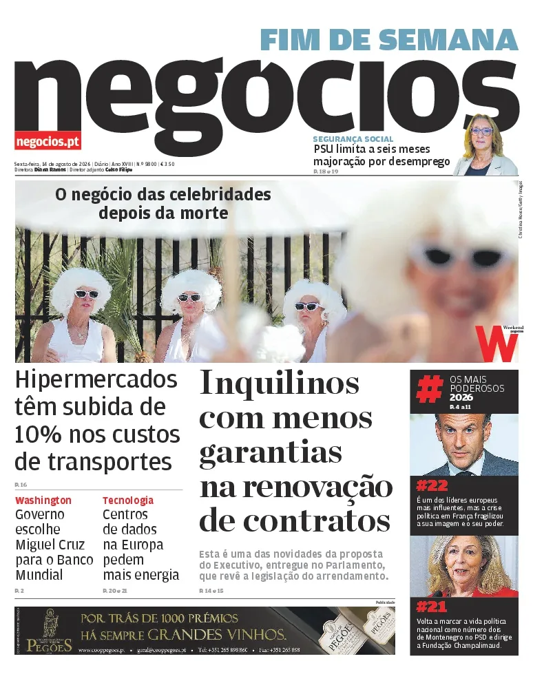 Capa do Jornal de Negócios de sábado, 15 de agosto de 2026