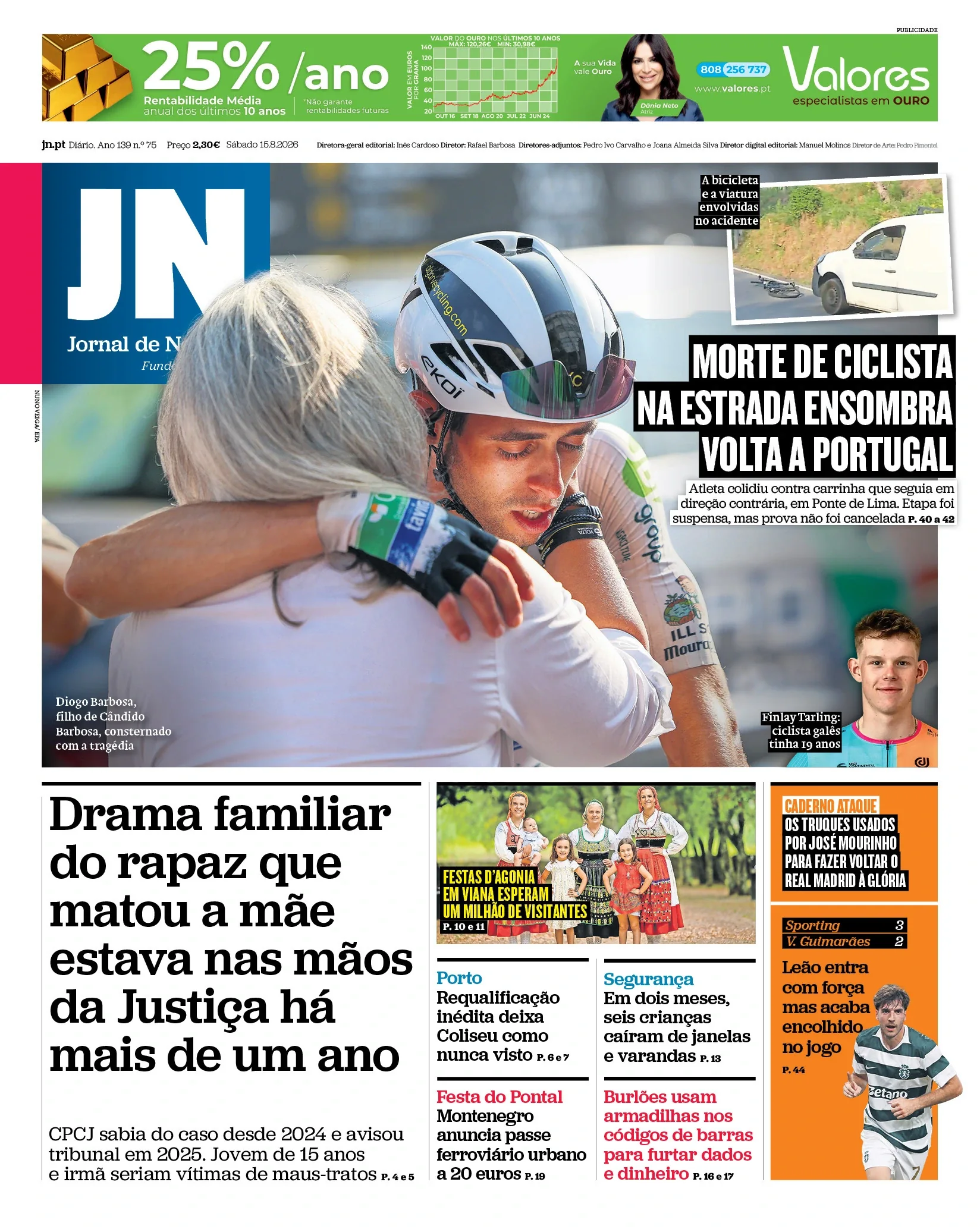 Capa do Jornal de Notícias de sábado, 15 de agosto de 2026