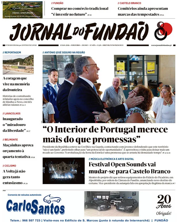 Capa do Jornal do Fundão de sábado, 15 de agosto de 2026