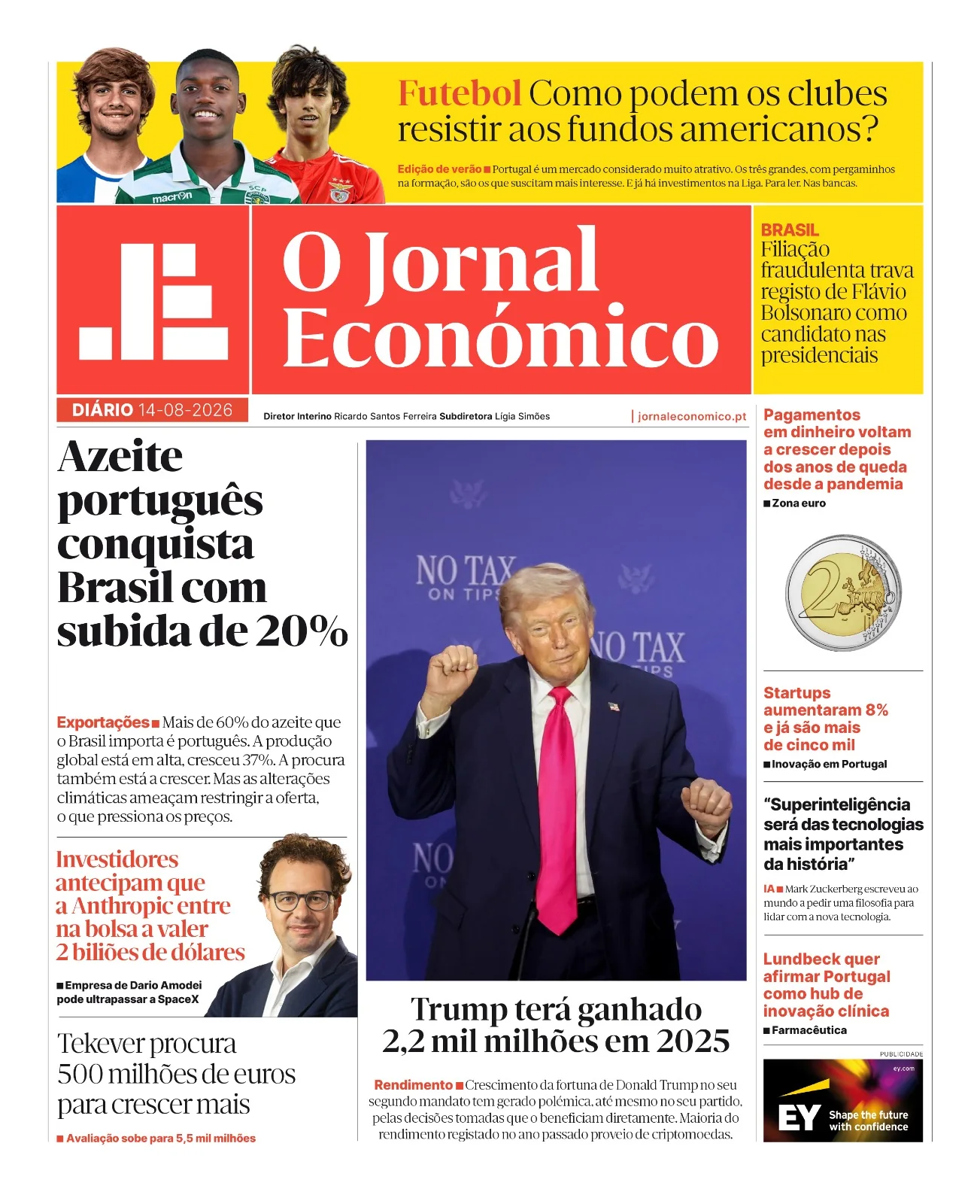 Capa do Jornal Económico de sábado, 15 de agosto de 2026