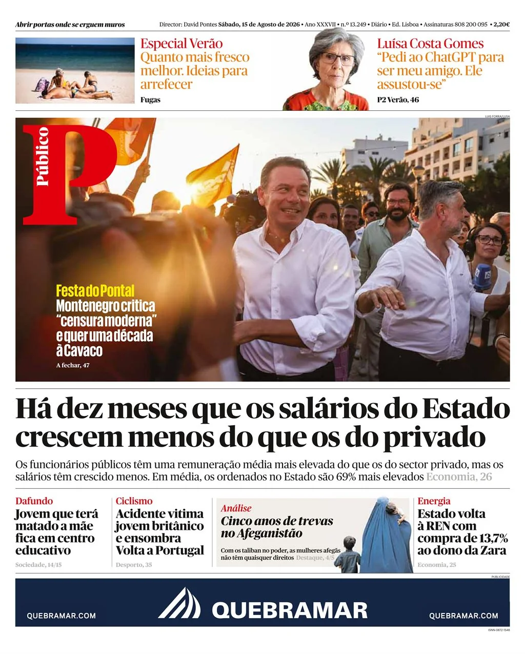 Capa do Público de sábado, 15 de agosto de 2026