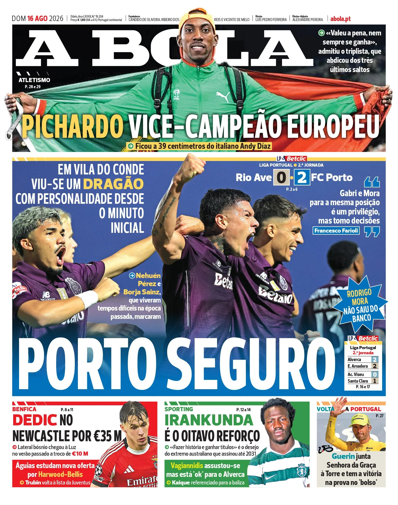 Capa do A Bola de domingo, 16 de agosto de 2026