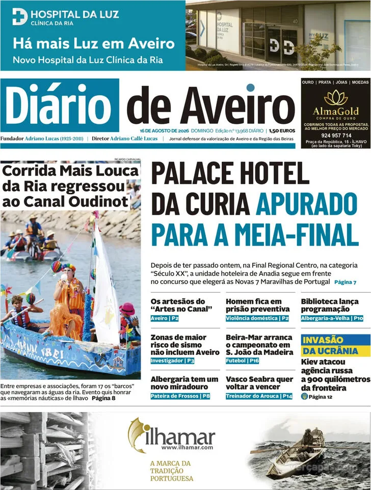 Capa do Diário de Aveiro de domingo, 16 de agosto de 2026