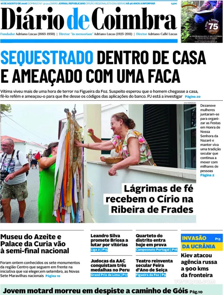 Capa do Diário de Coimbra de domingo, 16 de agosto de 2026