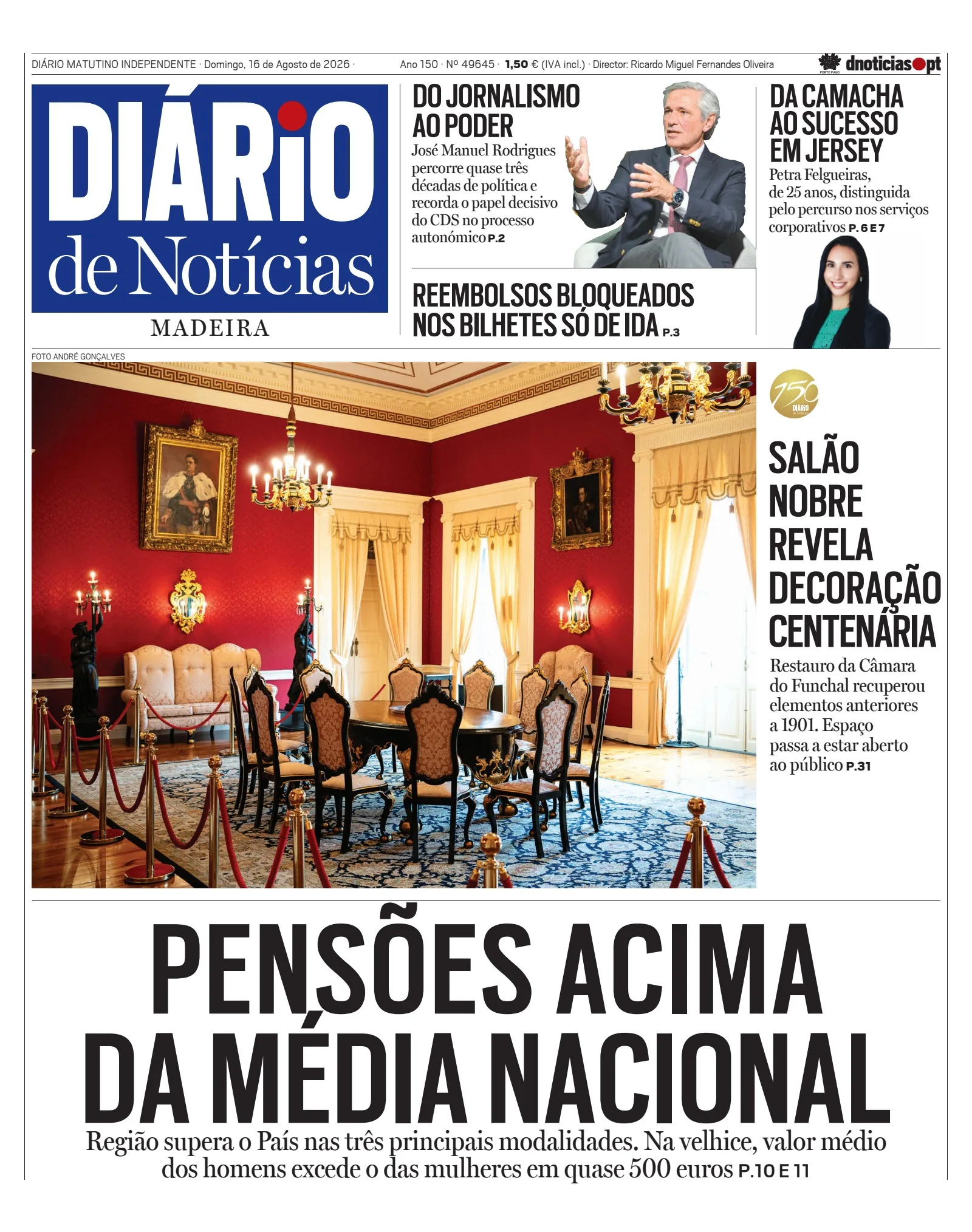 Capa do Diário de Notícias da Madeira de domingo, 16 de agosto de 2026