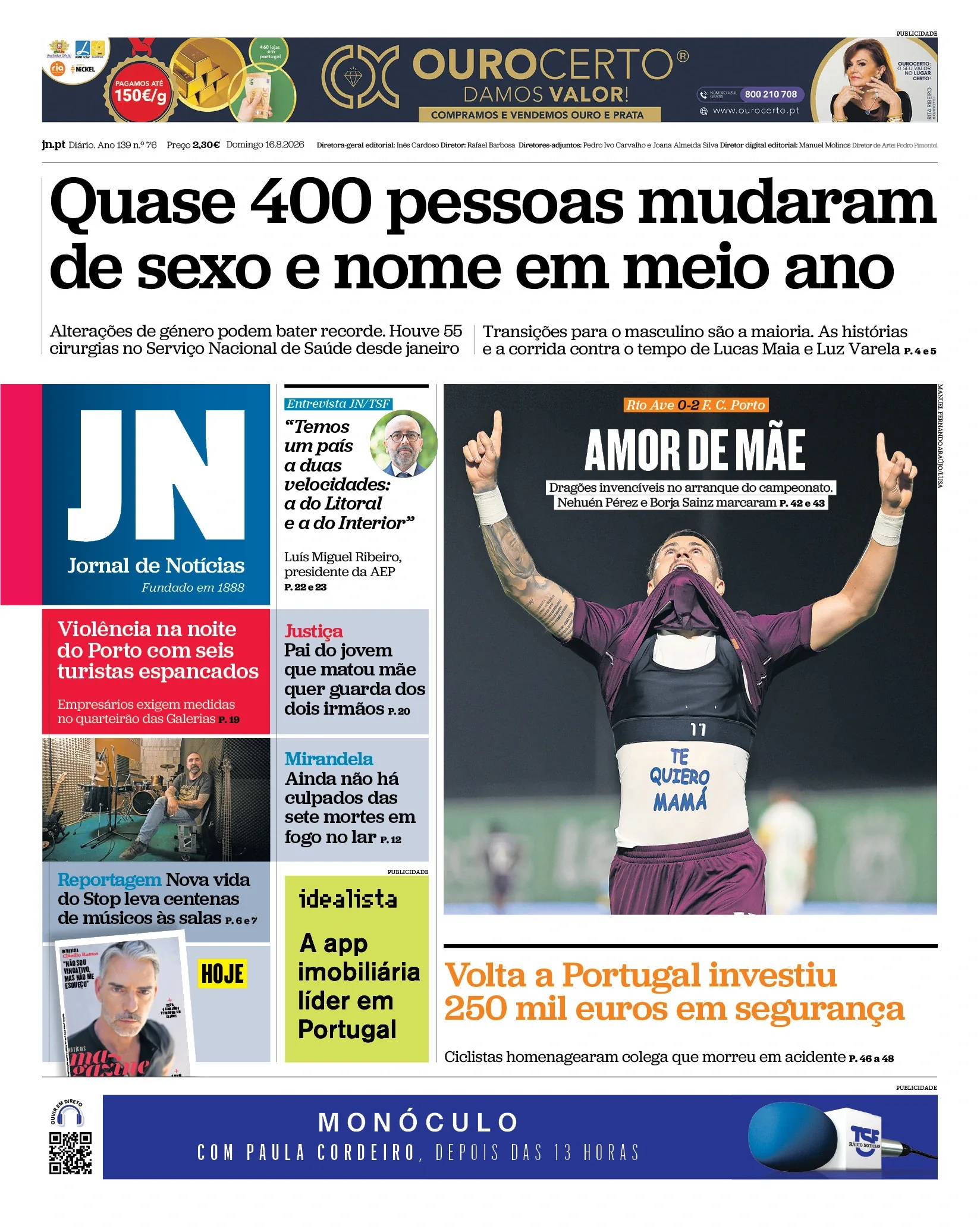Capa do Jornal de Notícias de domingo, 16 de agosto de 2026