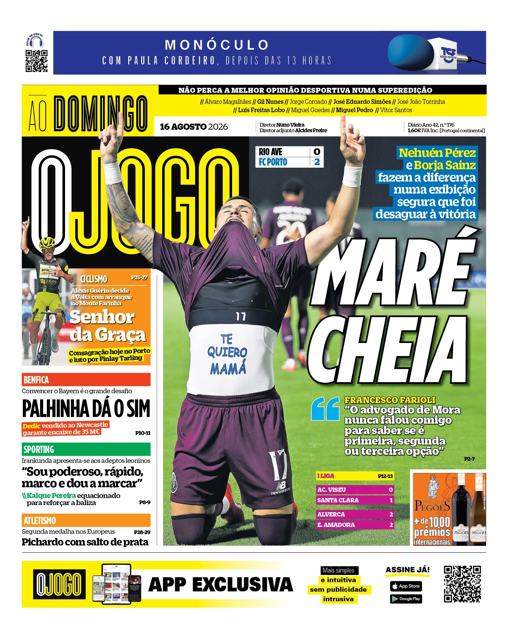 Capa do O Jogo de domingo, 16 de agosto de 2026