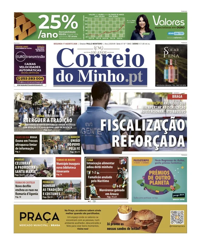 Capa do Correio do Minho de segunda-feira, 17 de agosto de 2026