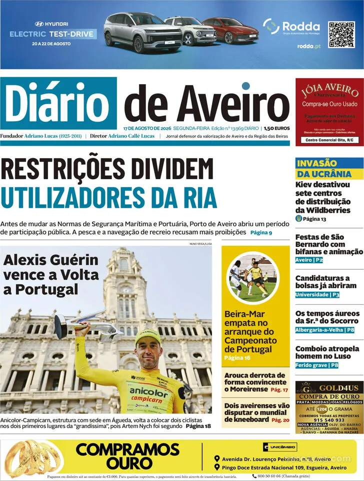 Capa do Diário de Aveiro de segunda-feira, 17 de agosto de 2026