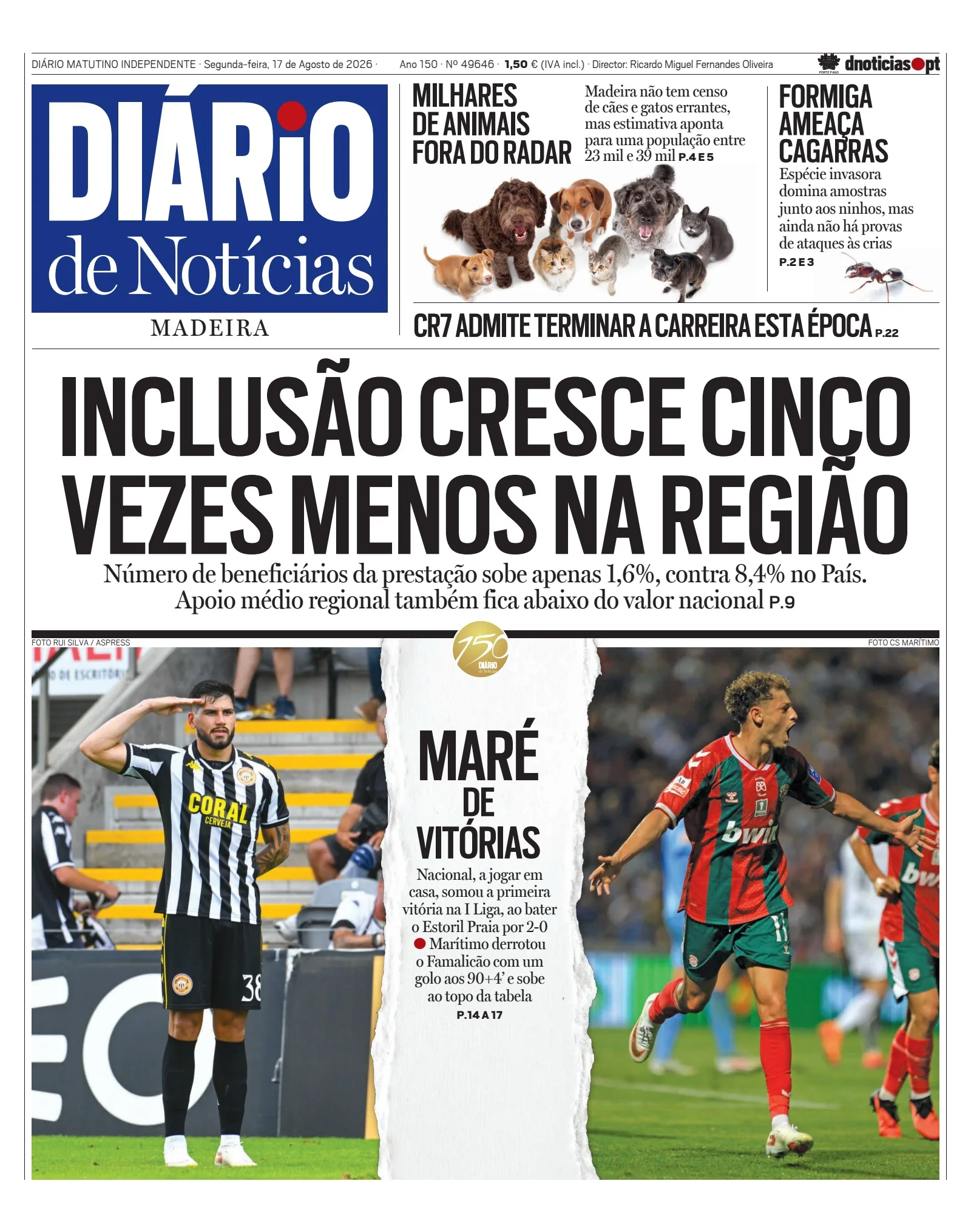 Capa do Diário de Notícias da Madeira de segunda-feira, 17 de agosto de 2026