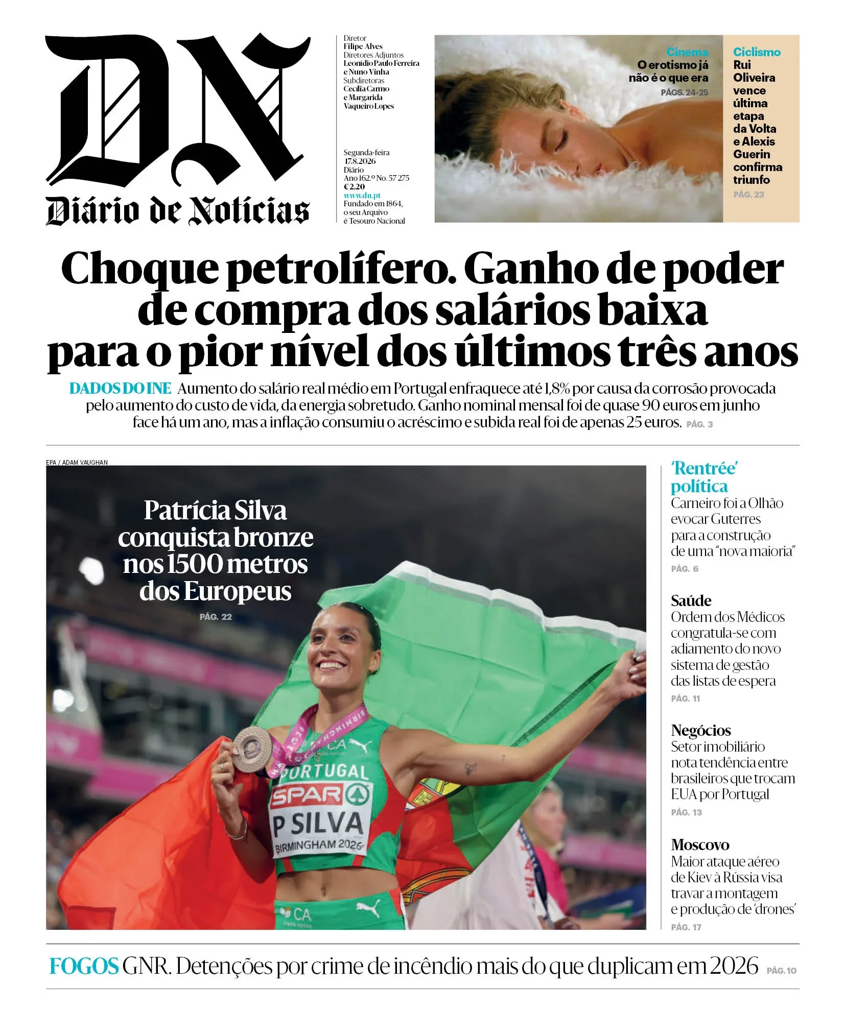 Capa do Diário de Notícias de segunda-feira, 17 de agosto de 2026