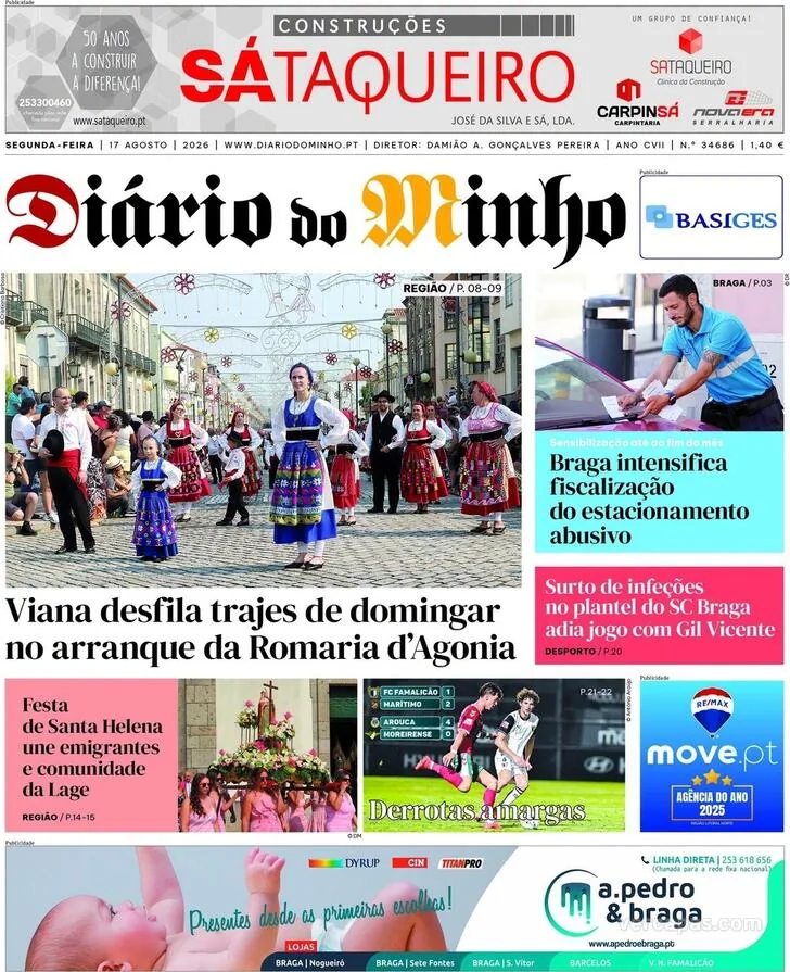Capa do Diário do Minho de segunda-feira, 17 de agosto de 2026