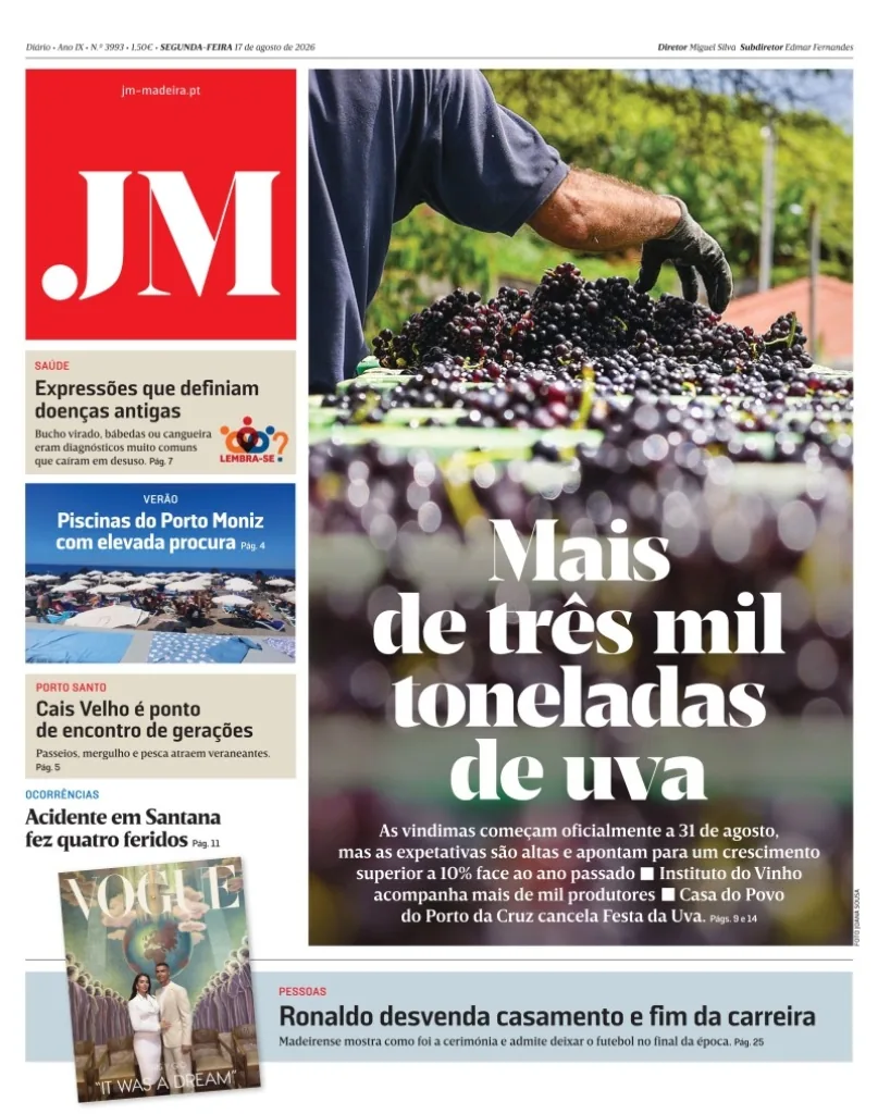 Capa do Jornal da Madeira de segunda-feira, 17 de agosto de 2026