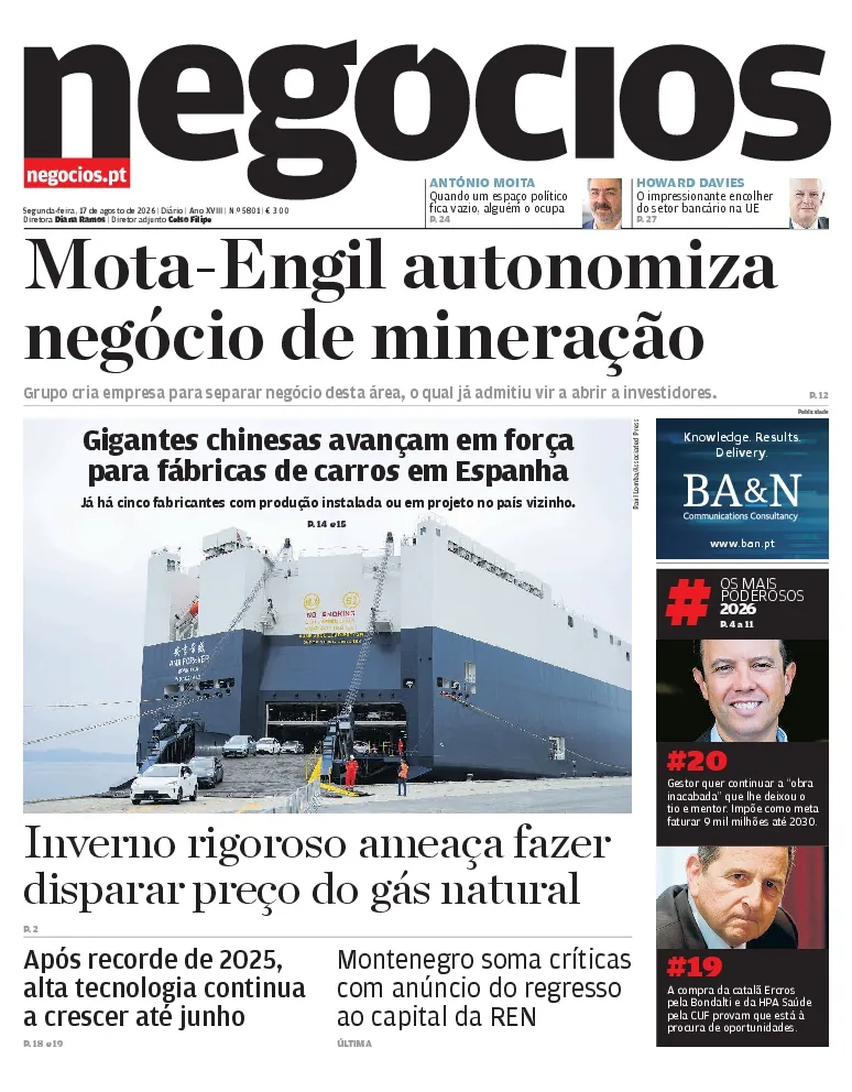 Capa do Jornal de Negócios de segunda-feira, 17 de agosto de 2026