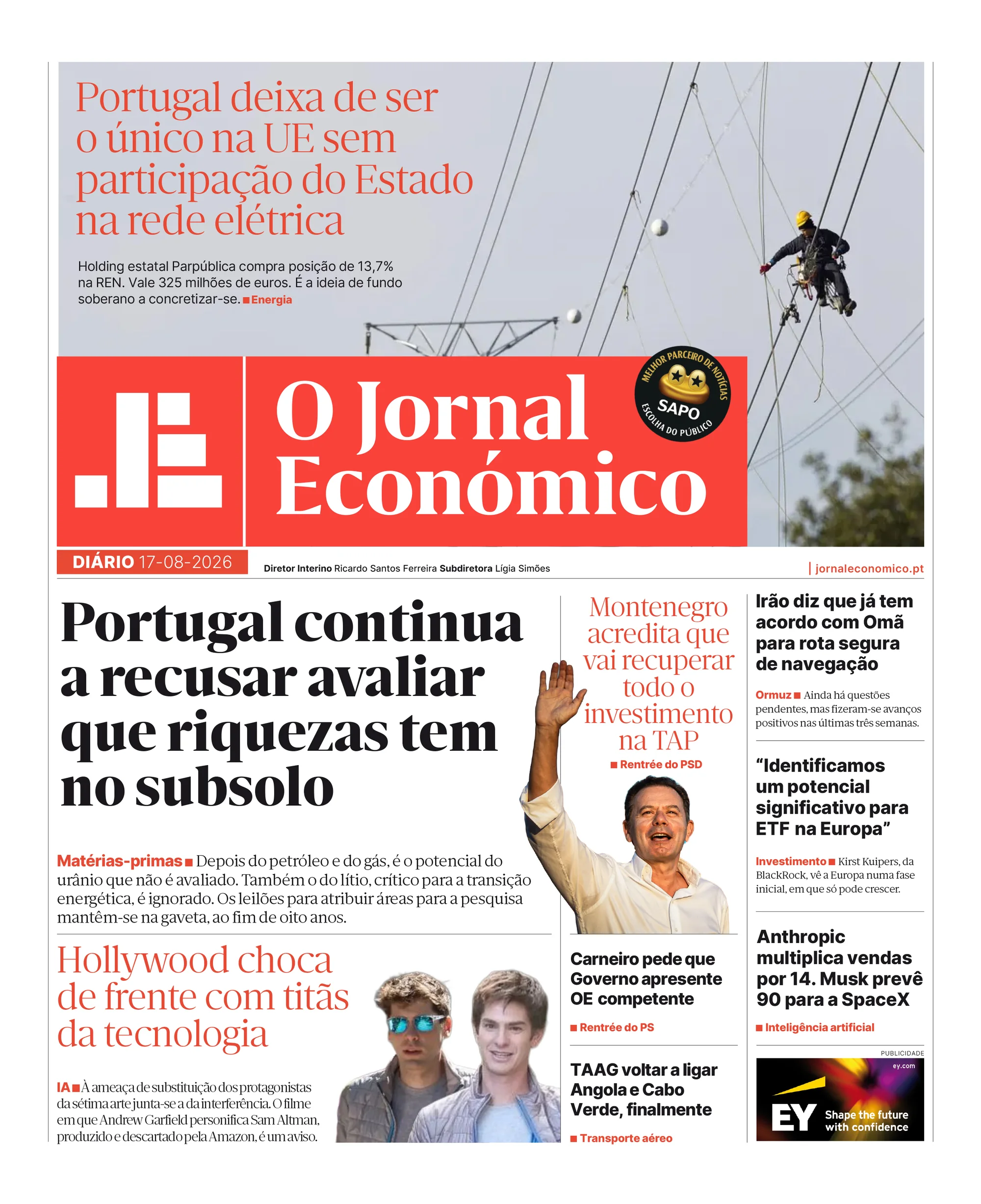 Capa do Jornal Económico de segunda-feira, 17 de agosto de 2026