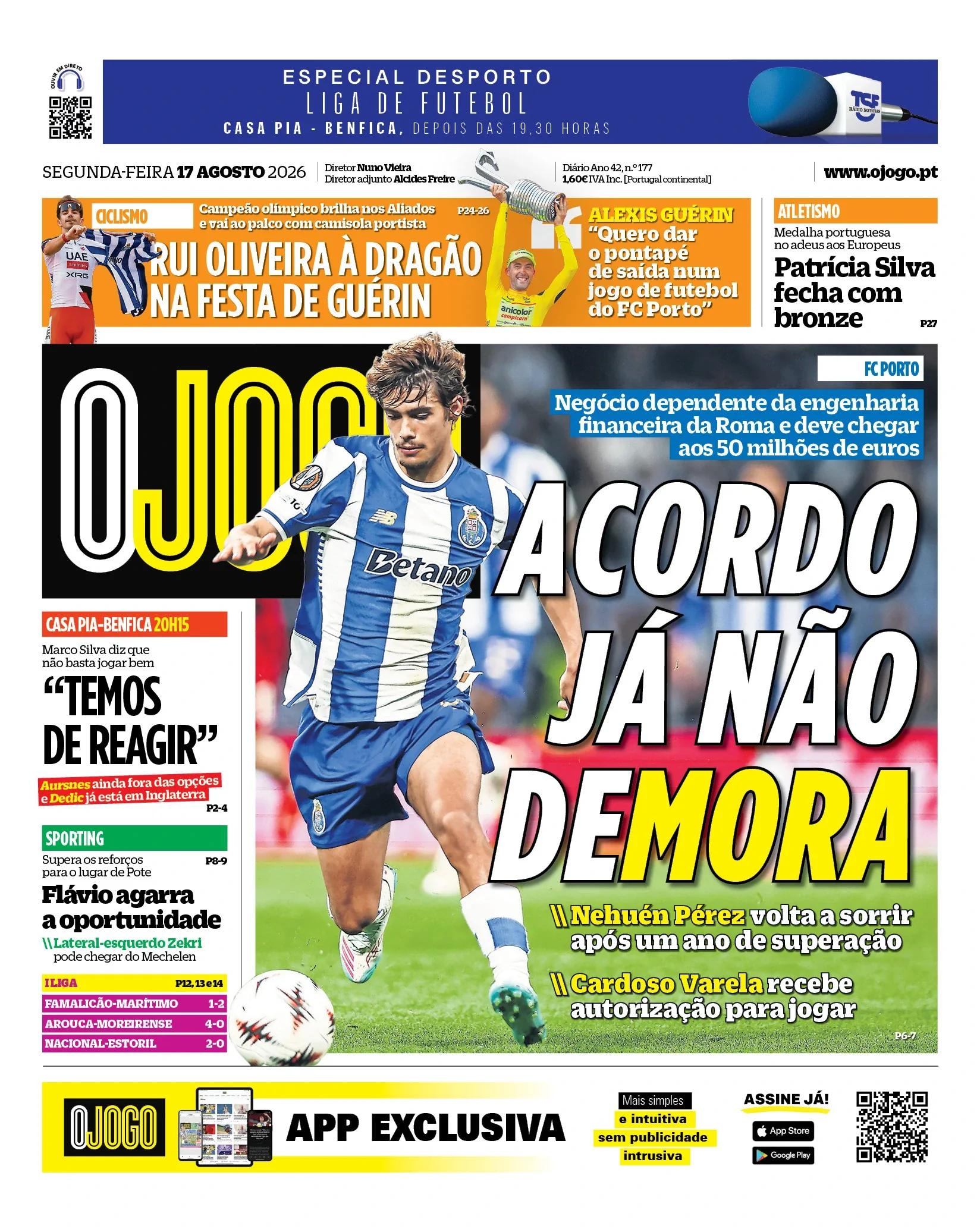 Capa do O Jogo de segunda-feira, 17 de agosto de 2026