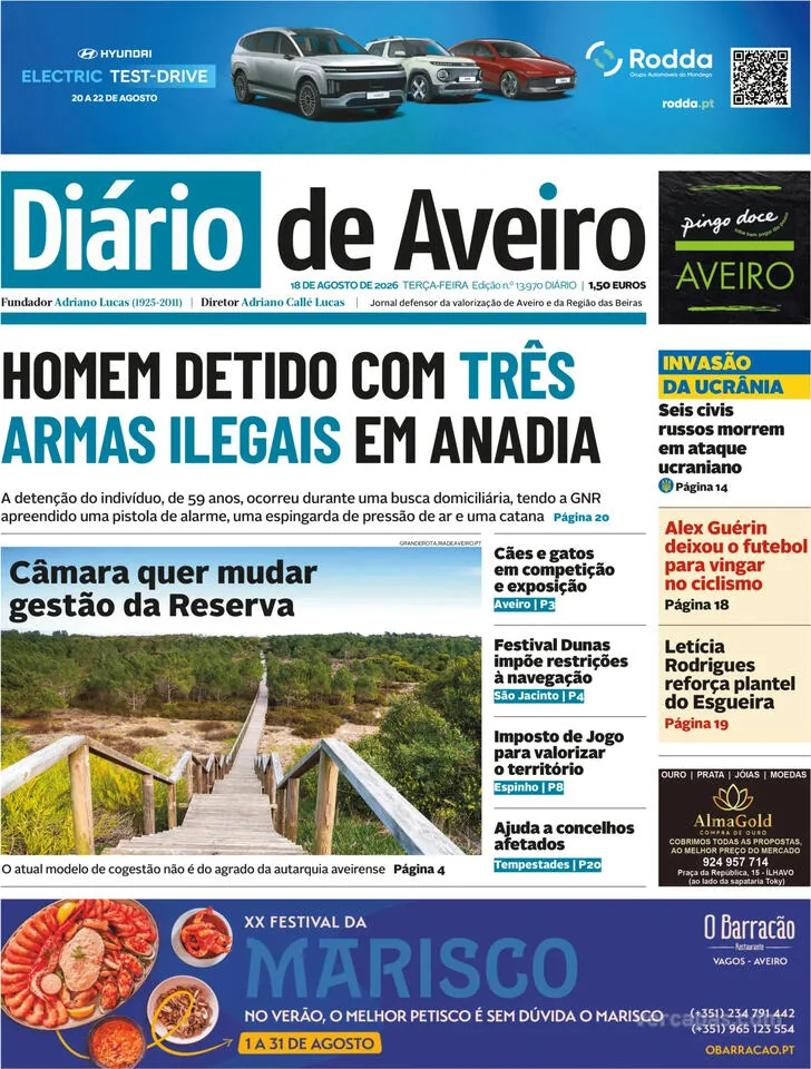 Capa do Diário de Aveiro de terça-feira, 18 de agosto de 2026