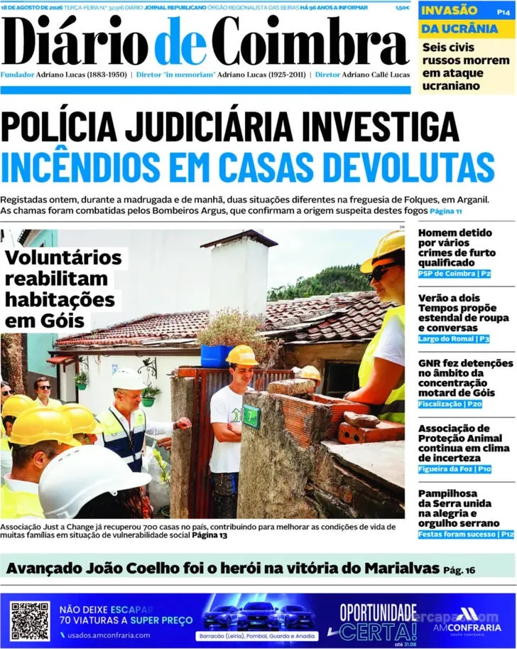 Capa do Diário de Coimbra de terça-feira, 18 de agosto de 2026