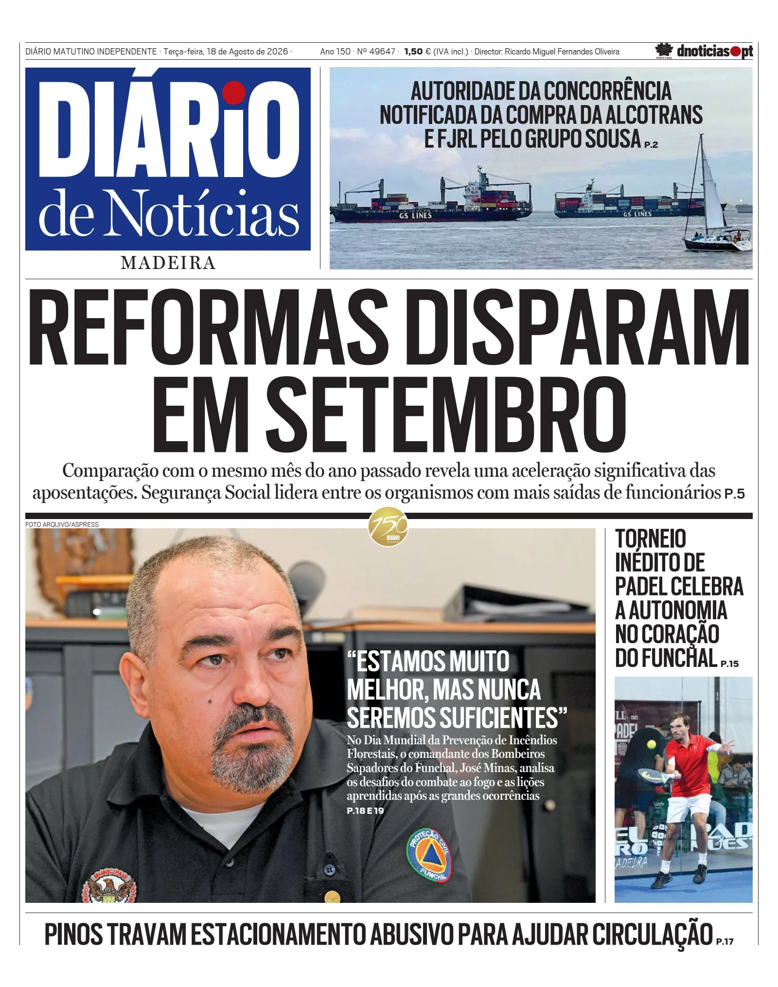 Capa do Diário de Notícias da Madeira de terça-feira, 18 de agosto de 2026