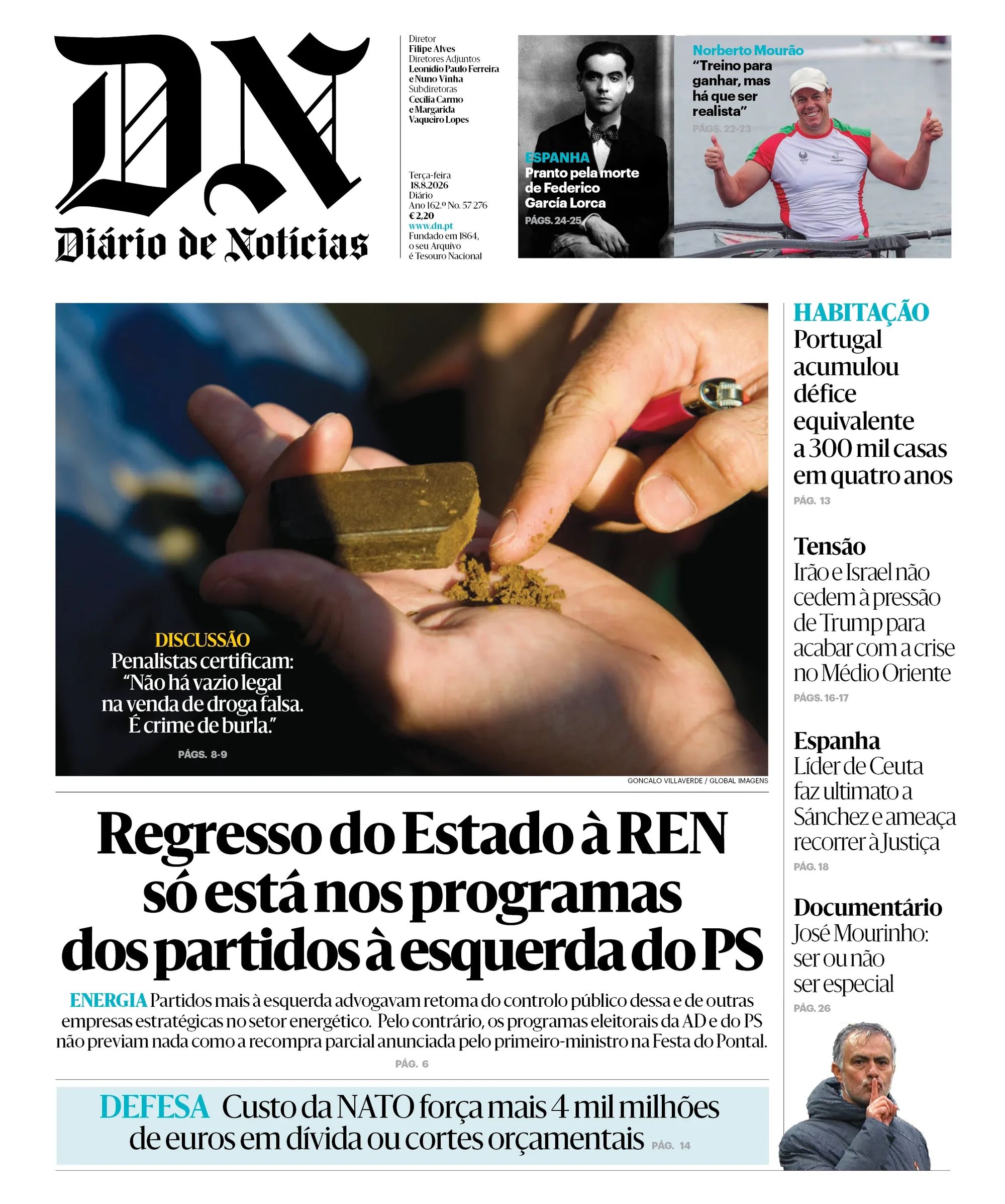 Capa do Diário de Notícias de terça-feira, 18 de agosto de 2026