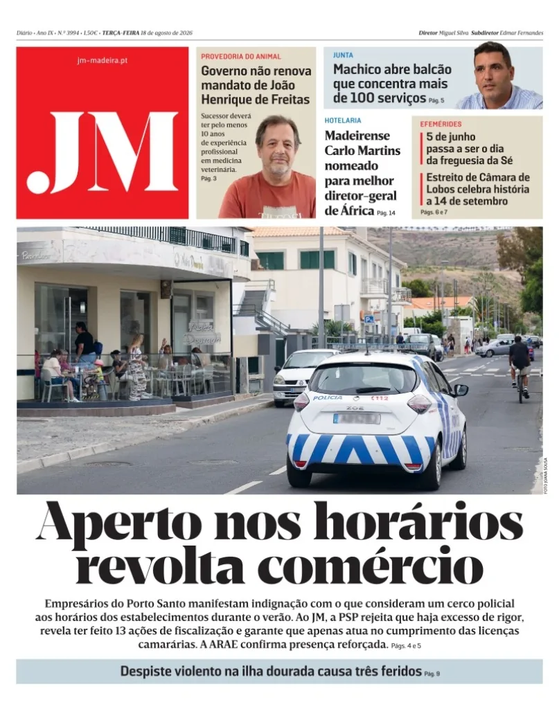 Capa do Jornal da Madeira de terça-feira, 18 de agosto de 2026