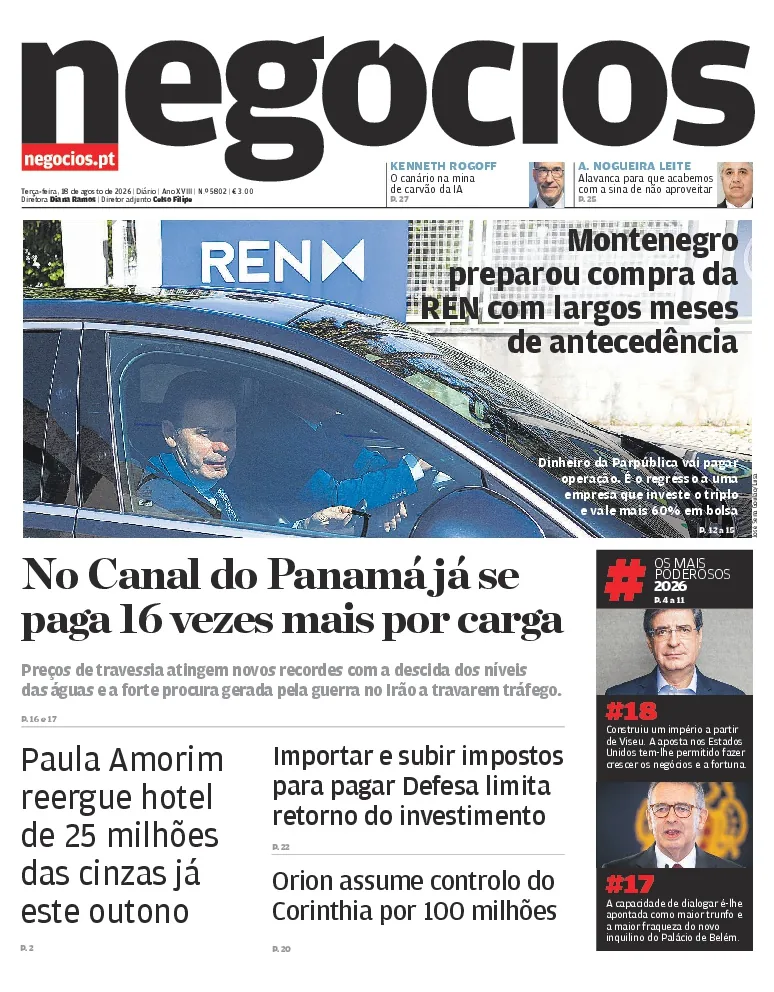 Capa do Jornal de Negócios de terça-feira, 18 de agosto de 2026