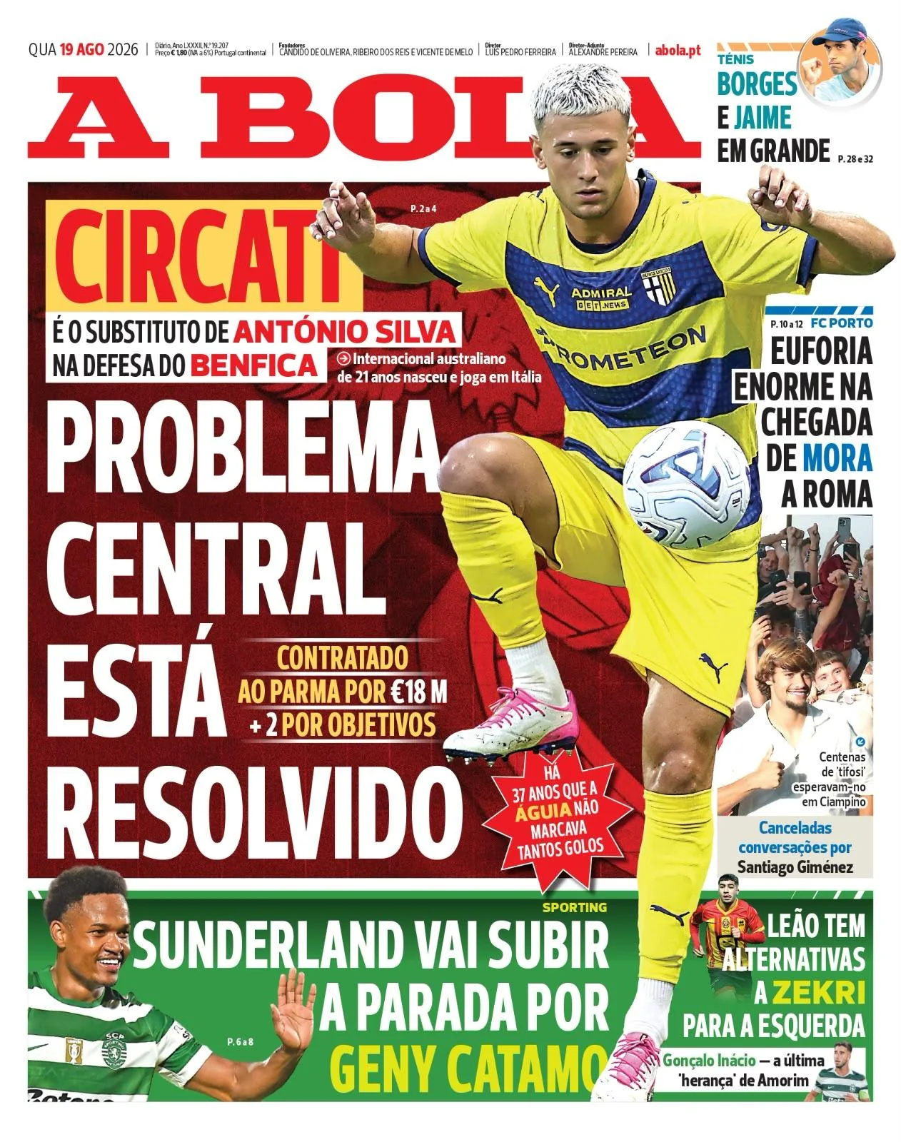Capa do A Bola de quarta-feira, 19 de agosto de 2026