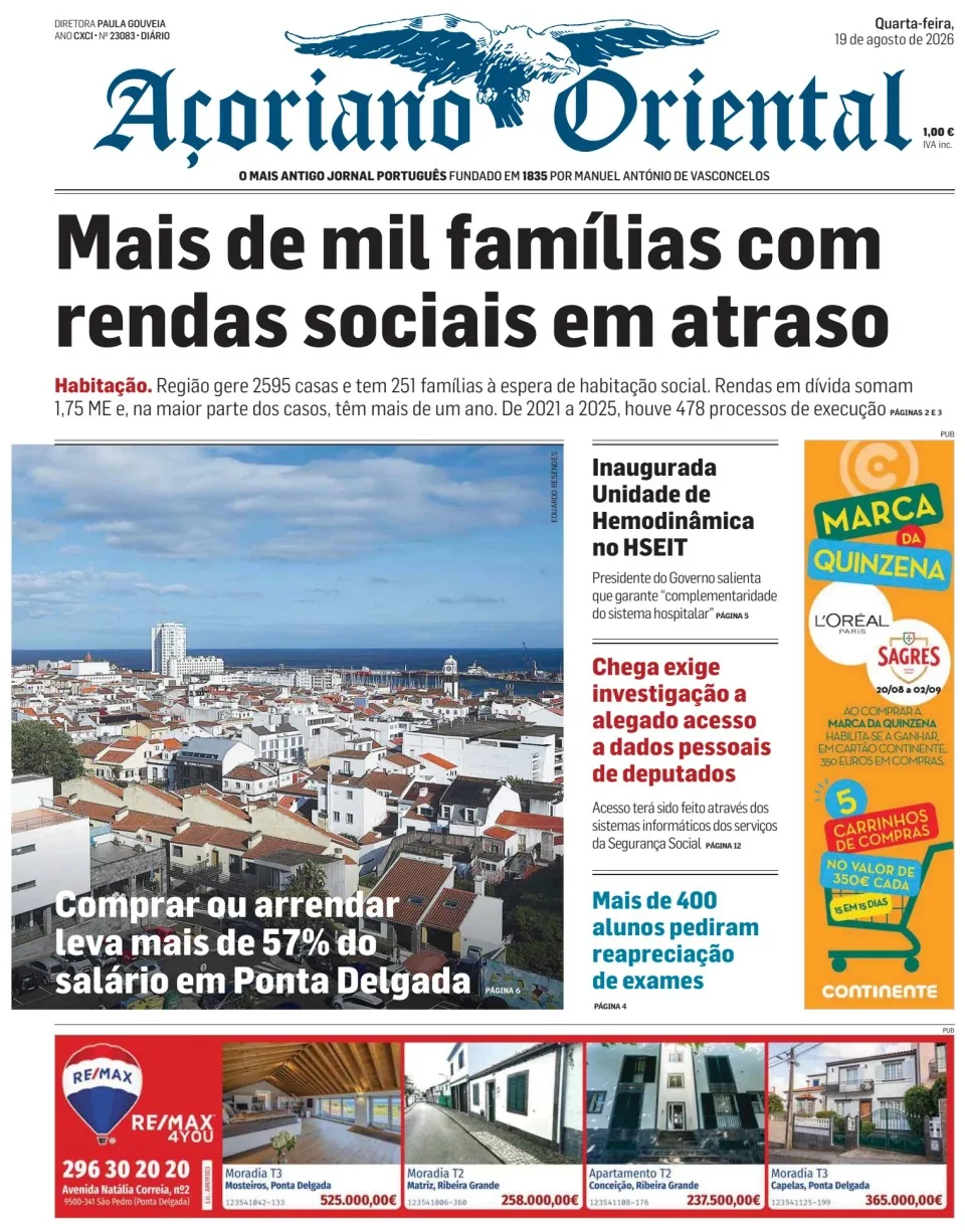 Capa do Açoriano Oriental de quarta-feira, 19 de agosto de 2026