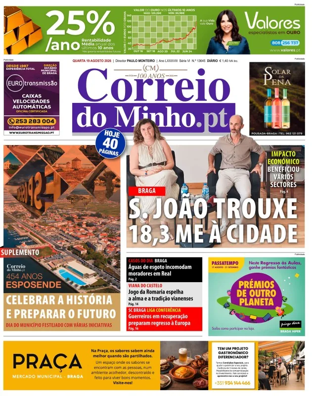 Capa do Correio do Minho de quarta-feira, 19 de agosto de 2026