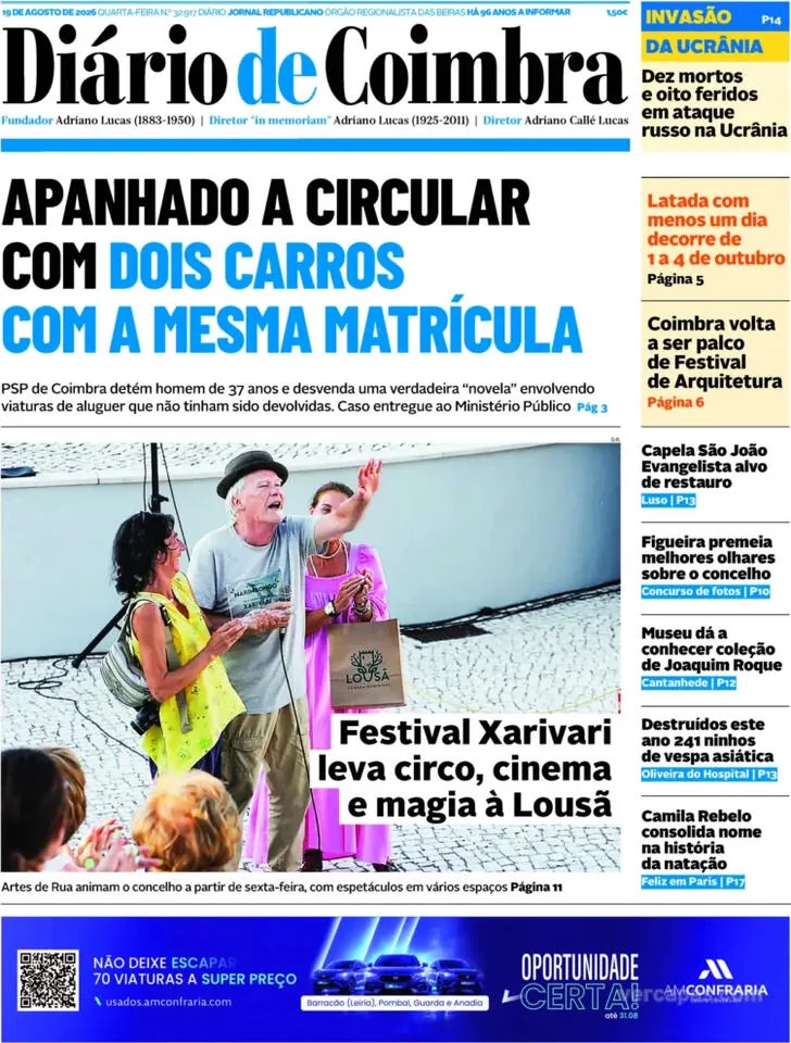 Capa do Diário de Coimbra de quarta-feira, 19 de agosto de 2026