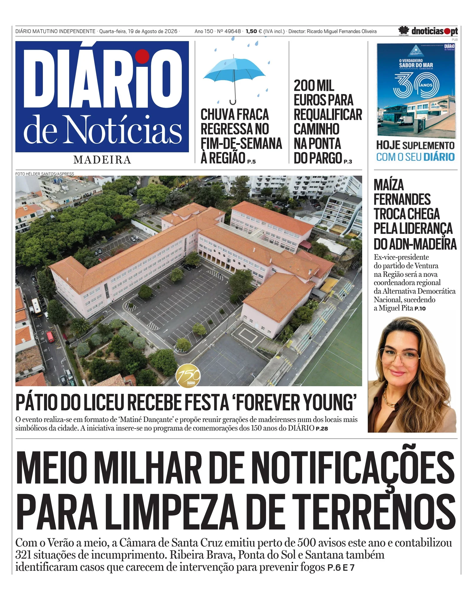 Capa do Diário de Notícias da Madeira de quarta-feira, 19 de agosto de 2026