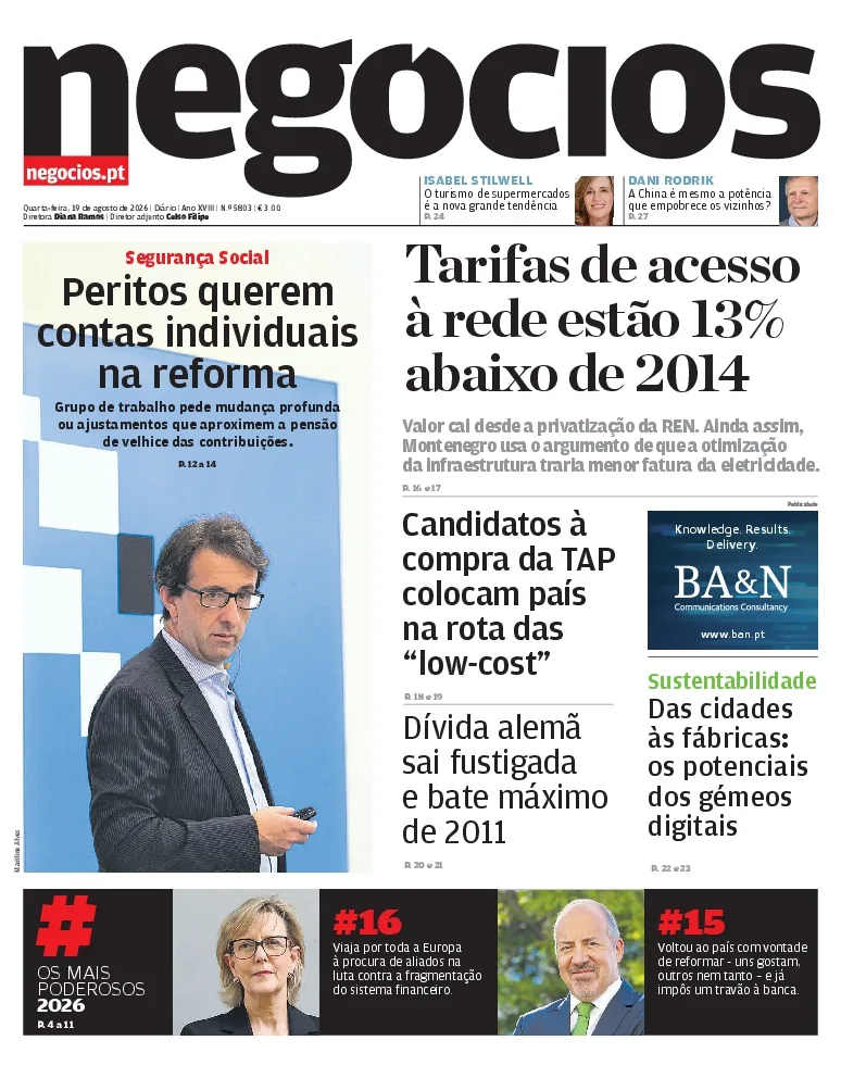 Capa do Jornal de Negócios de quarta-feira, 19 de agosto de 2026