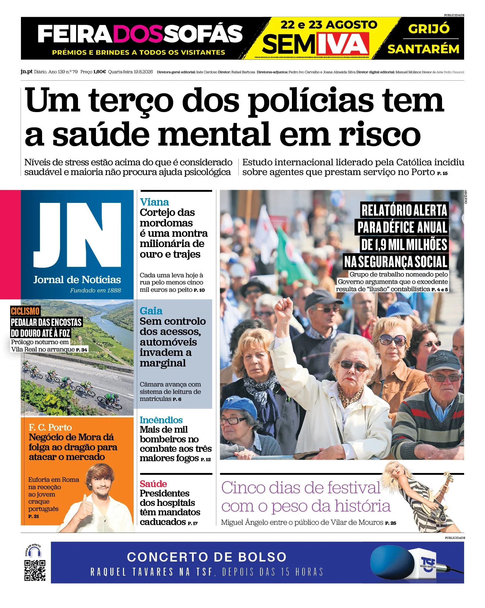 Capa do Jornal de Notícias de quarta-feira, 19 de agosto de 2026