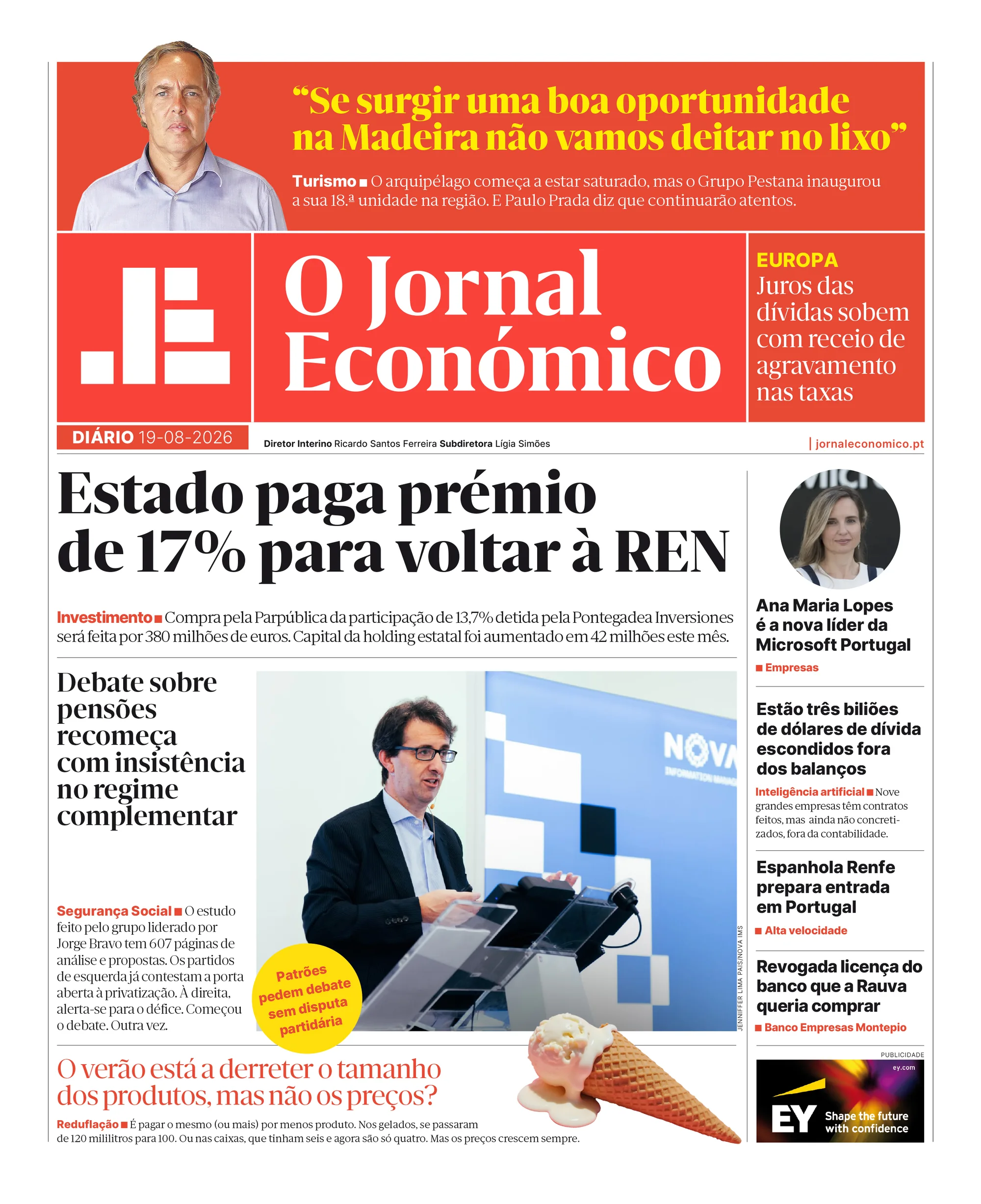 Capa do Jornal Económico de quarta-feira, 19 de agosto de 2026